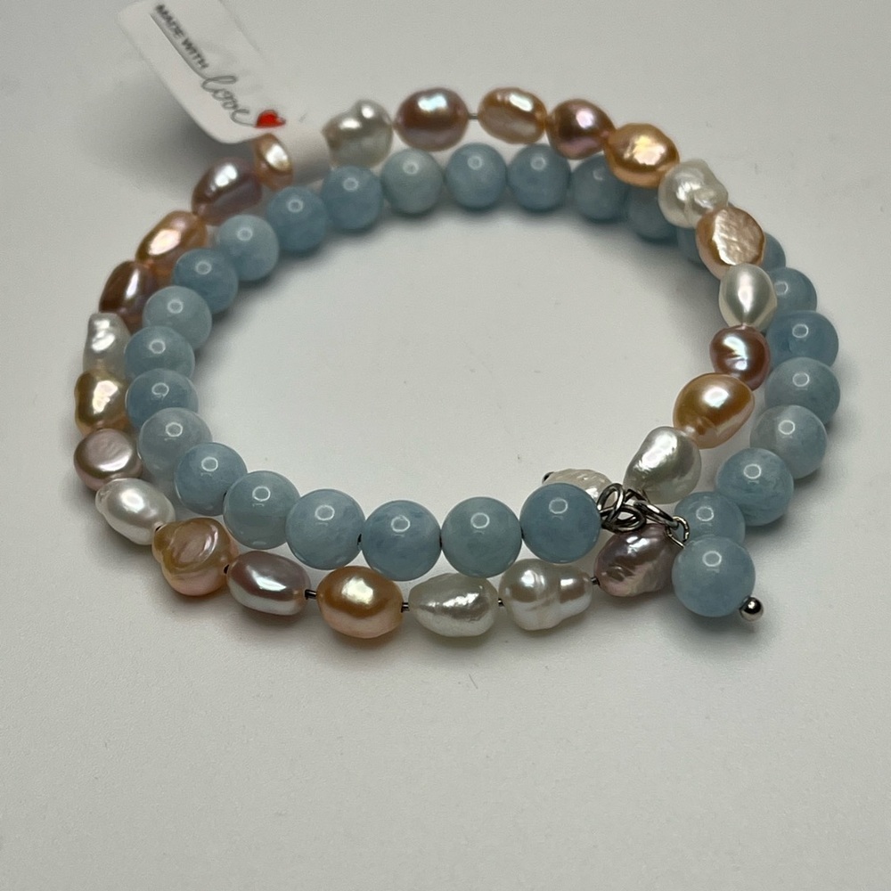Wire 2 Wrap Aquamarine and Pearl Bracelet